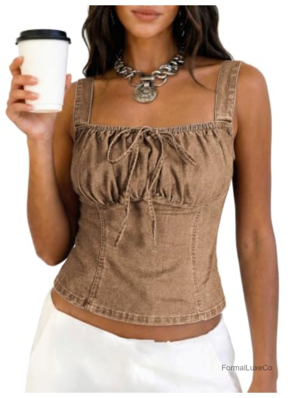 Denim Corset Top Womens Smocked Back Square Neck Sleeveless Jean Vest